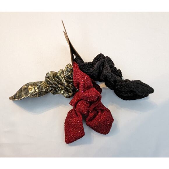 Festive Holiday Scrunchie Set Red, Gold & Black Ponytail Bows - Picture 4 of 5
